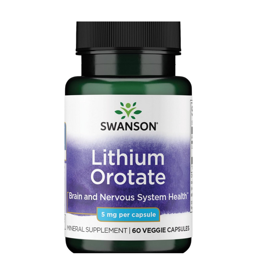 Swanson Lithium Orotate supplement bottle on a white background