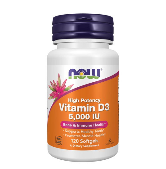 Supplement bottle labeled 'High Potency Vitamin D3 5,000 IU' by NOW on a white background