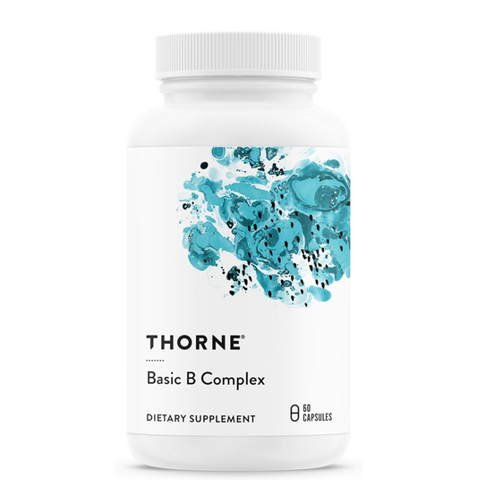 Thorne Basic B Complex dietary supplement bottle with blue abstract design on a white background