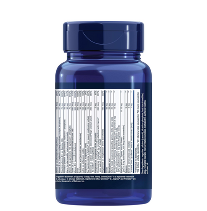 Blue supplement bottle with label on a white background