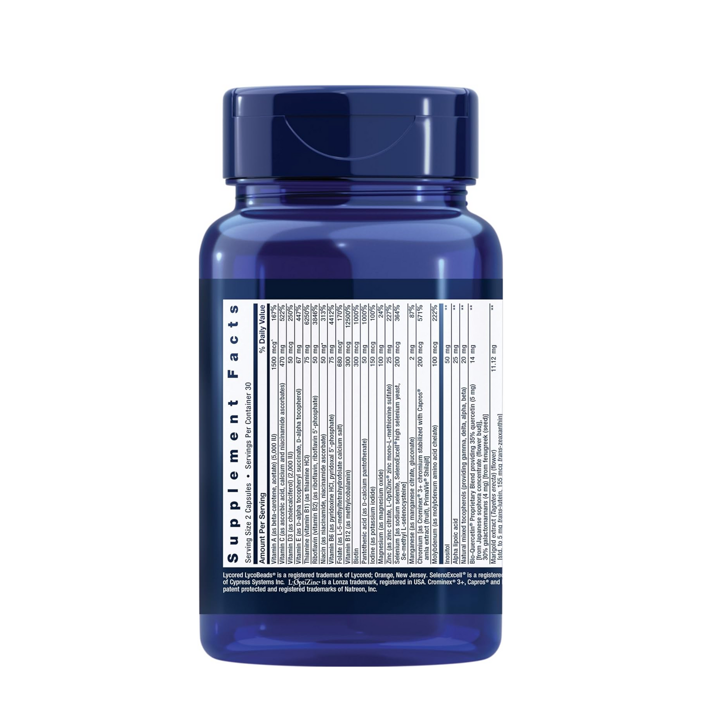 Blue supplement bottle with label on a white background