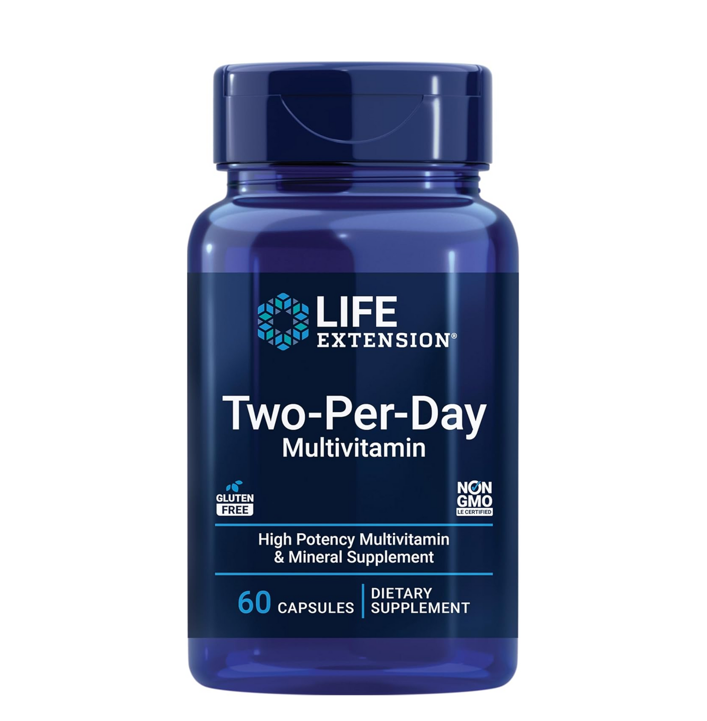 Blue bottle of Life Extension Two-Per-Day Multivitamin on a white background