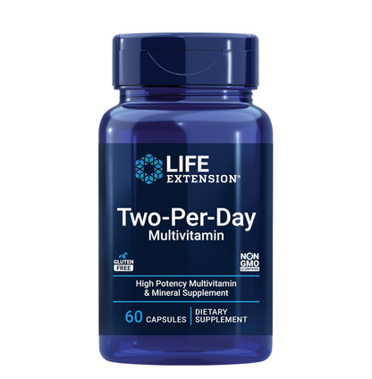 Blue bottle of Life Extension Two-Per-Day Multivitamin on a white background