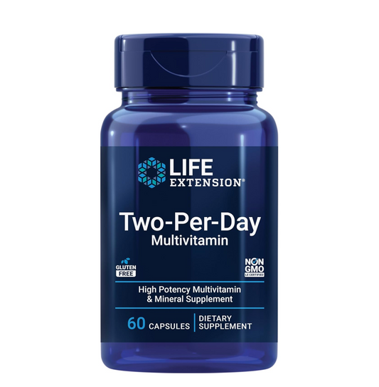 Blue bottle of Life Extension Two-Per-Day Multivitamin on a white background