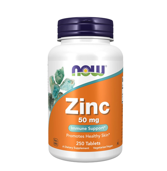 Supplement bottle labeled 'Zinc 50 mg' with NOW brand on a white background