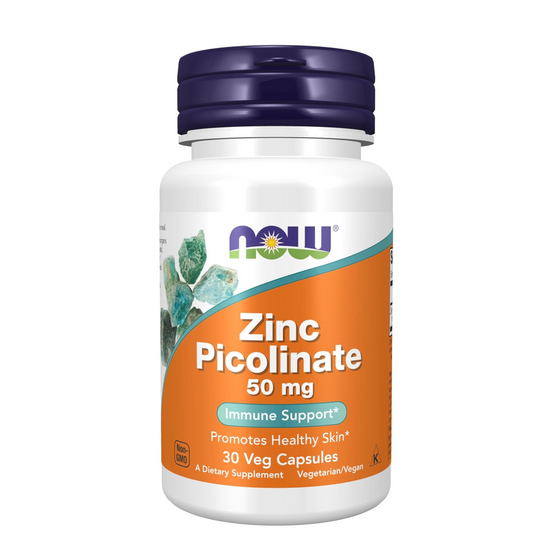 Supplement bottle labeled 'Zinc Picolinate 50 mg' with NOW brand on a white background