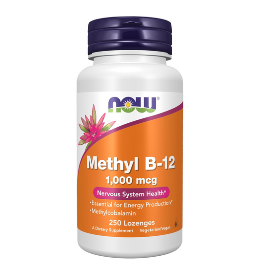 Supplement bottle labeled 'Methyl B-12' with Now brand on a white background