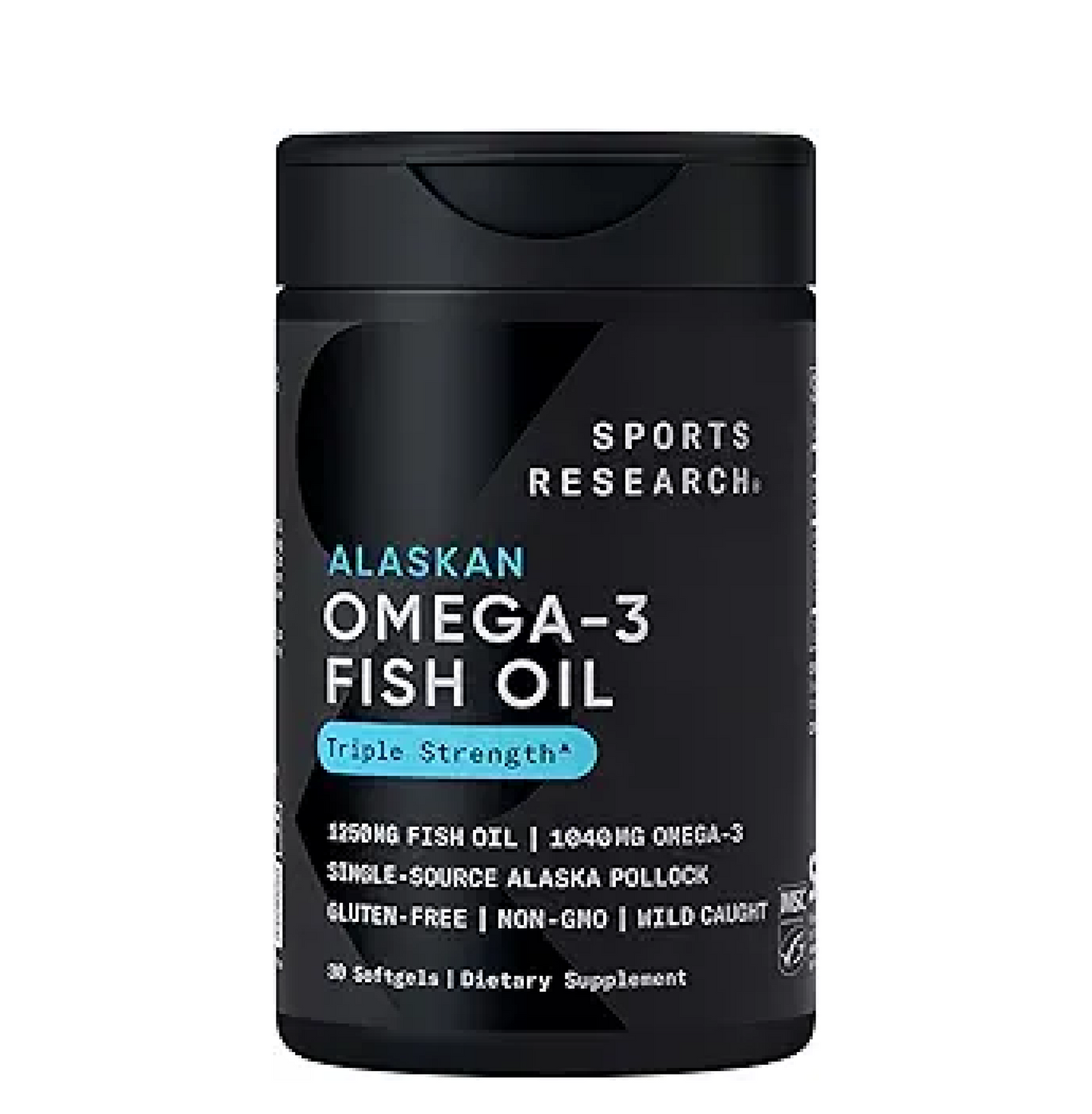 Black container of Sports Research Alaskan Omega-3 Fish Oil on a white background