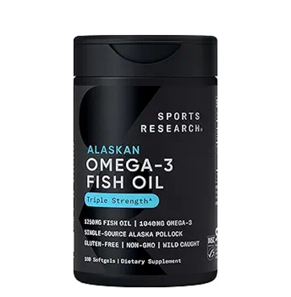 Black container of Sports Research Alaskan Omega-3 Fish Oil on a white background
