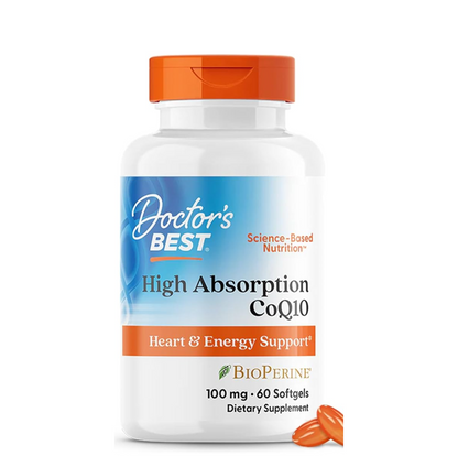 Supplement bottle labeled 'Doctor's Best High Absorption CoQ10' on a white background