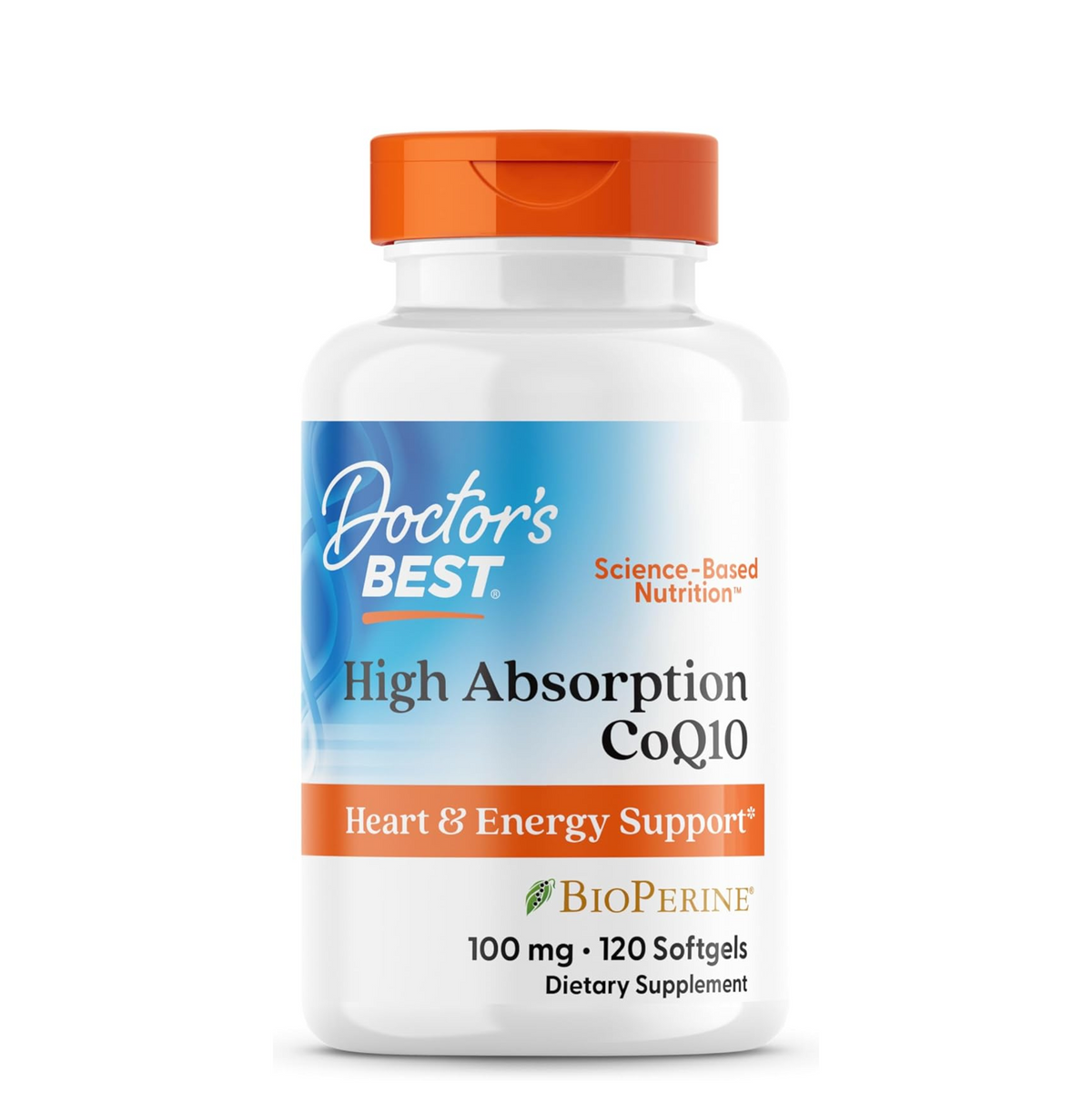 Supplement bottle labeled 'Doctor's Best High Absorption CoQ10' on a white background