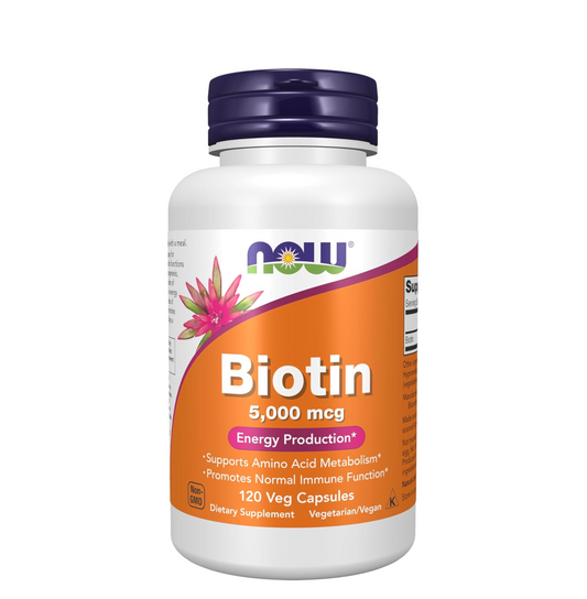 Biotin supplement bottle with NOW brand on a white background