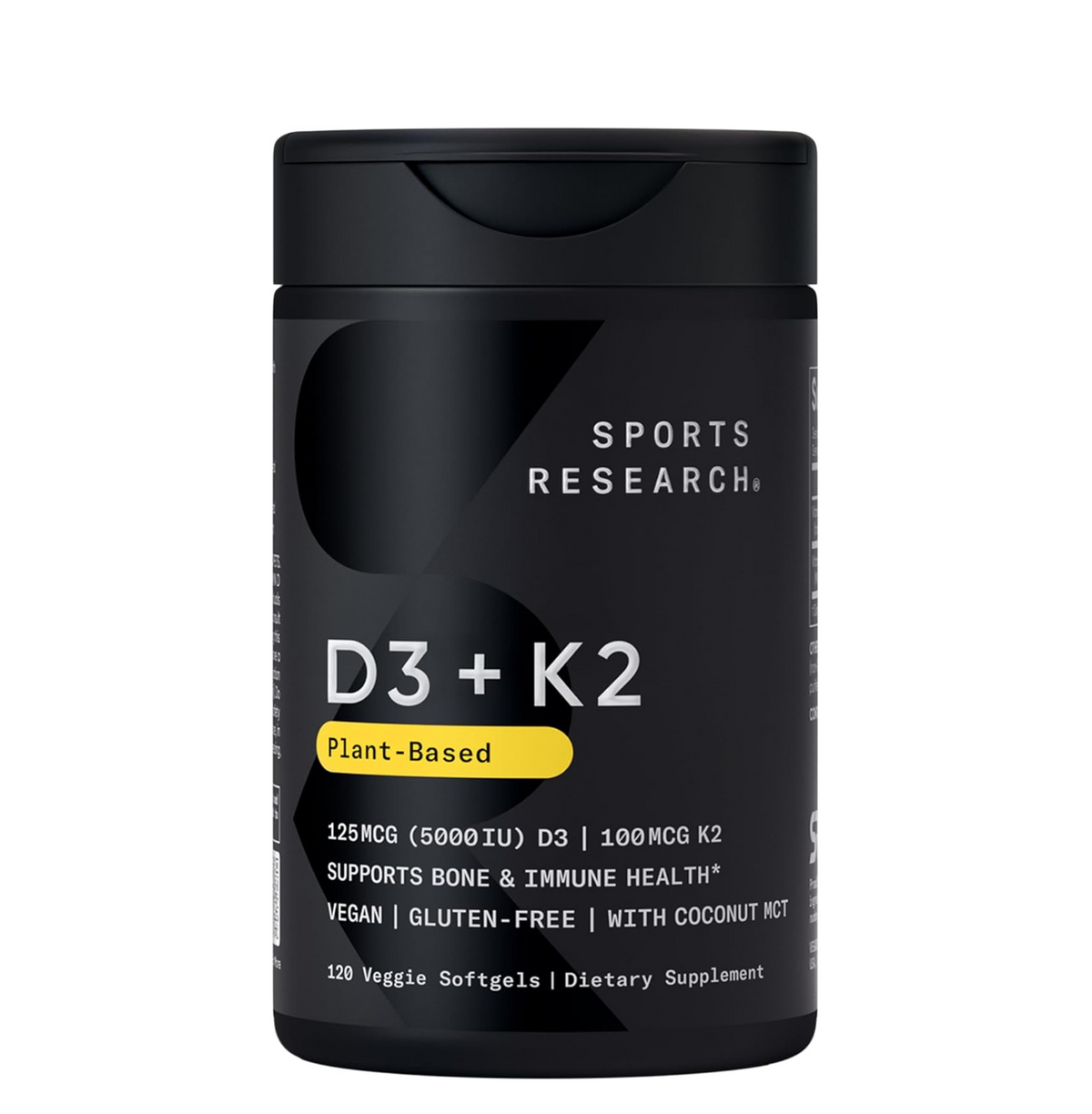 Black supplement container labeled 'D3 + K2' by Sports Research on a white background