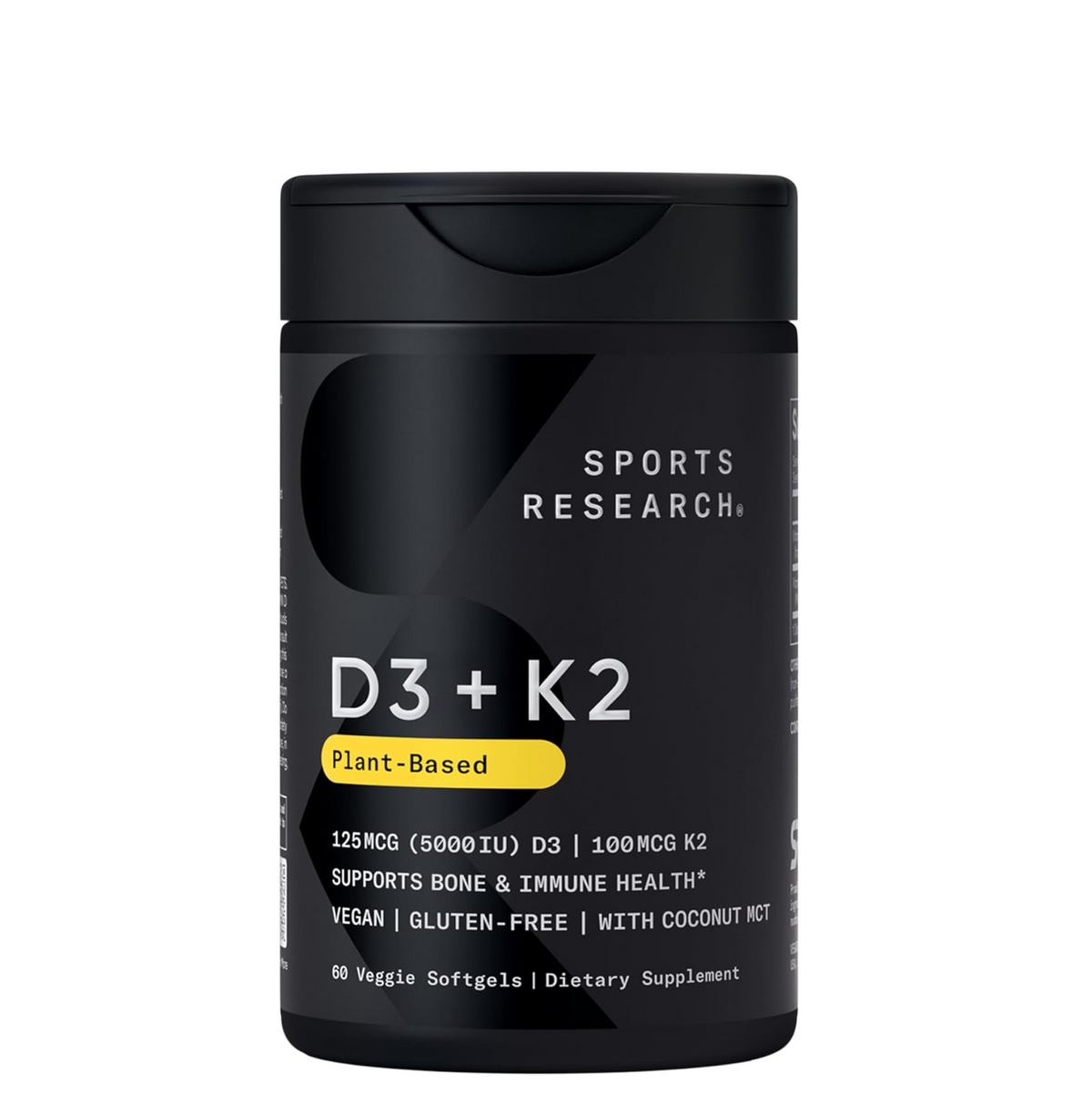 Black supplement container labeled 'D3 + K2' by Sports Research on a white background