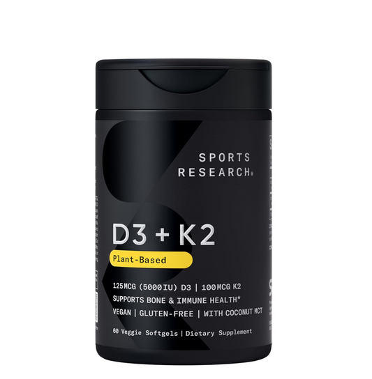 Black supplement container labeled 'D3 + K2' by Sports Research on a white background