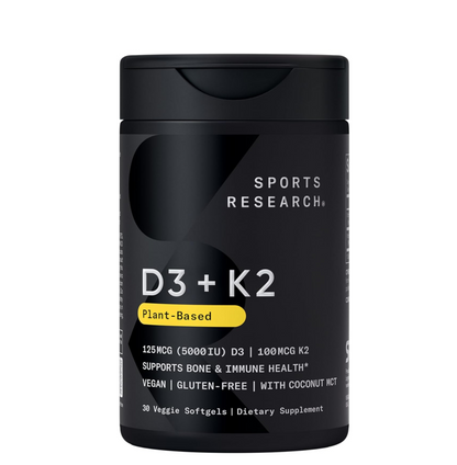 Black supplement container labeled 'D3 + K2' by Sports Research on a white background
