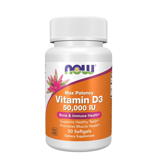 Supplement bottle labeled 'NOW Vitamin D3 50,000 IU' on a white background