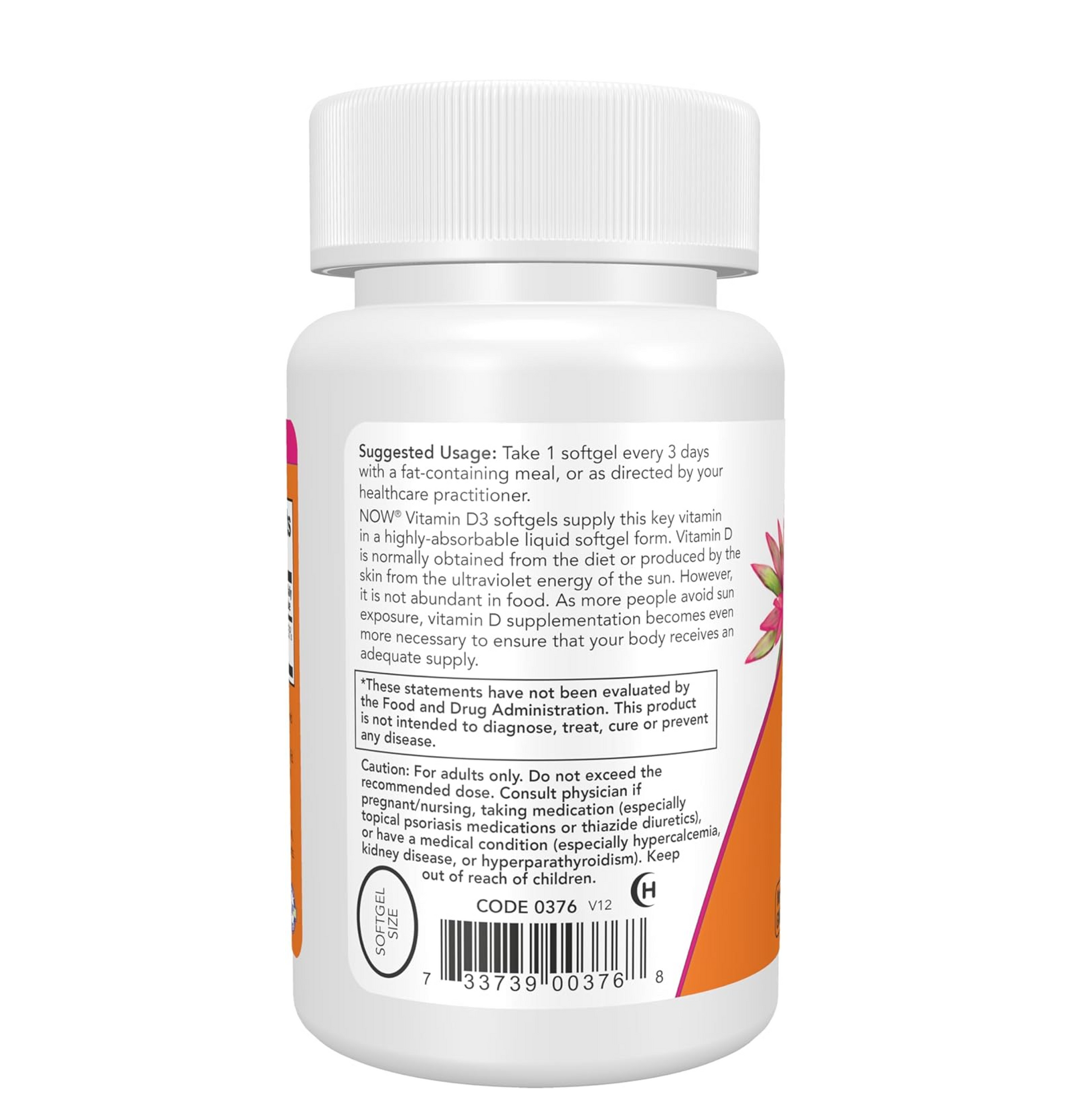 Supplement bottle label with text and bar code on a white background