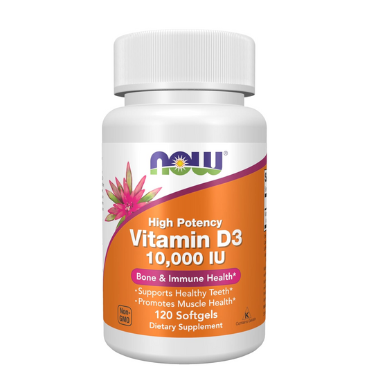 Supplement bottle labeled 'High Potency Vitamin D3 10,000 IU' by NOW on a white background
