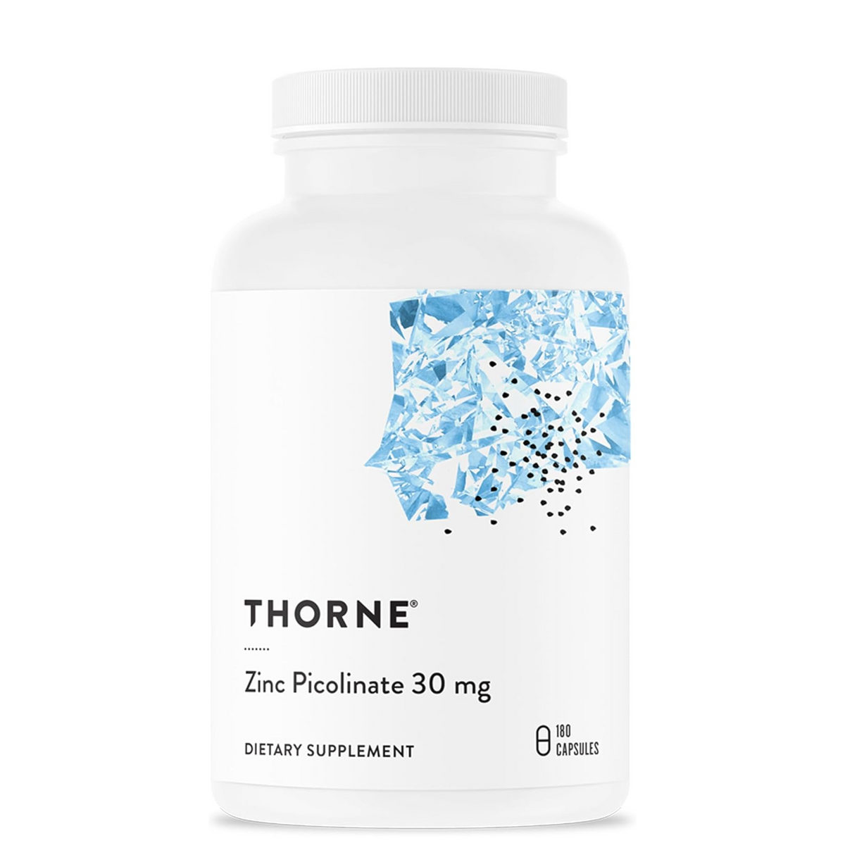Supplement bottle labeled 'Thorne' with blue design on a white background