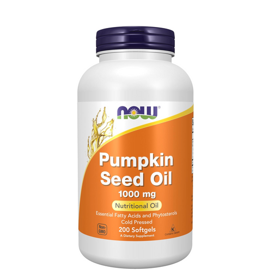 Supplement bottle labeled 'Pumpkin Seed Oil 1000 mg' by NOW on a white background