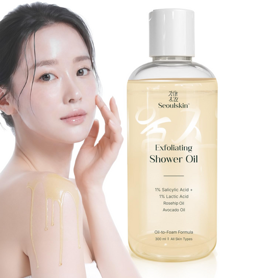 Seoulskin Exfoliating Shower Oil with 1% Salicylic Acid & 1% Lactic Acid | For Body Acne, Strawberry Skin, De-Tan | With Avocado & Rosehip Oil | Gentle Exfoliating Shower Gel | Oil-to-Foam Lather | Non-Drying | Korean Skincare | Shower Oil | 300 ml