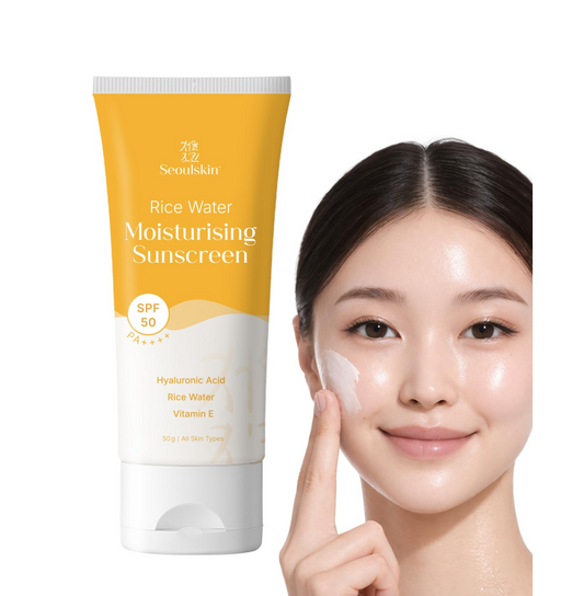 Seoulskin Rice Water Moisturising Sunscreen | SPF 50 PA ++++ | Hydrating, Lightweight & Non- Greasy | No White Cast | Broad Spectrum UVA & UVB Protection | For All Skin Types | For Men & Women | Lightweight Korean Sunscreen | 50 g