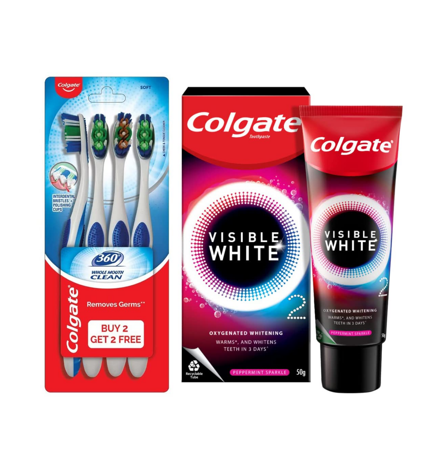 Colgate Visible White O2, Teeth Whitening Toothpaste, Peppermint Sparkle, 50g & Colgate 360 Whole Mouth Clean Toothbrush - 4 Pcs (Buy 2 Get 2 Free)