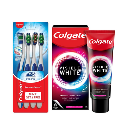 Colgate Visible White O2, Teeth Whitening Toothpaste, Peppermint Sparkle, 50g & Colgate 360 Whole Mouth Clean Toothbrush - 4 Pcs (Buy 2 Get 2 Free)