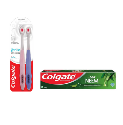 Colgate Gentle Ultrafoam Ultra Soft Bristles Manual Toothbrush For Adults, 2 Pcs, Multicolor & Active Salt Neem Toothpaste, Germ Fighting Toothpaste For Healthy, Tight Gums, Oral Care 200G