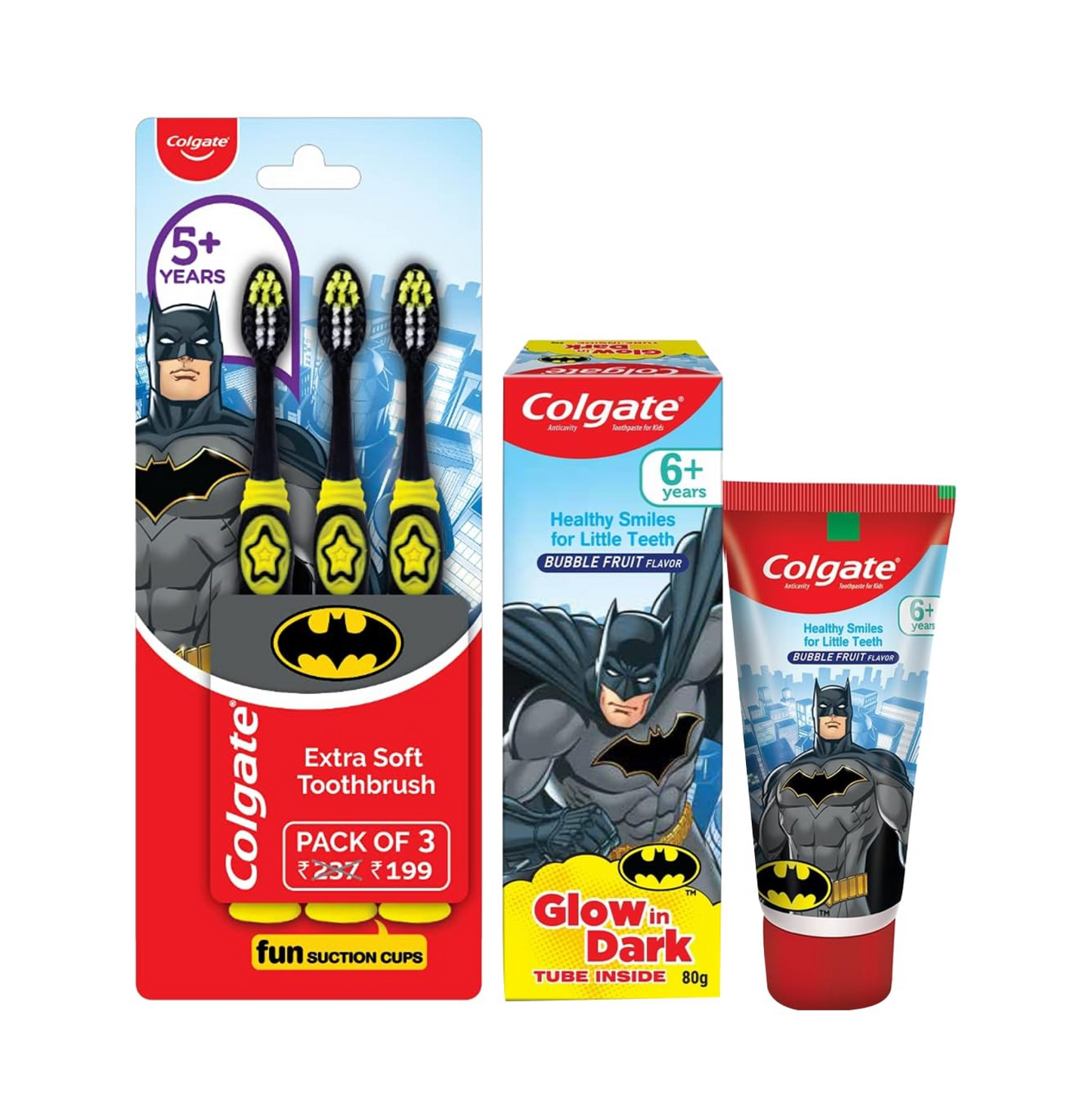 Colgate Kids Batman Manual Toothbrush(Pack of 3,Multicolor) & Colgate Batman Anticavity Toothpaste For Kids - 80g (Bubble Fruit Flavour)