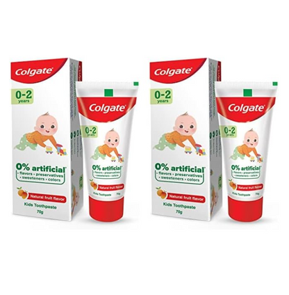 Colgate Toothpaste For Kids Cavity Protection (0-2 Years), Natural Fruit Flavour Tooth Paste, Sls & Fluoride Free - 70G Tube (Pack of 2)