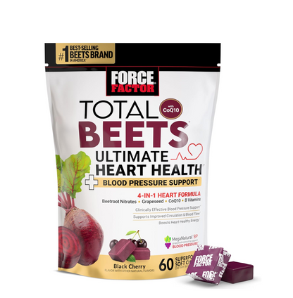 Force Factor Total Beets Ultimate Heart Health Chews for Blood Pressure Support, with Beetroot Powder, CoQ10, B Vitamins & Grapeseed Extract for Blood Flow & Energy, Black Cherry, 60 Soft Chews
