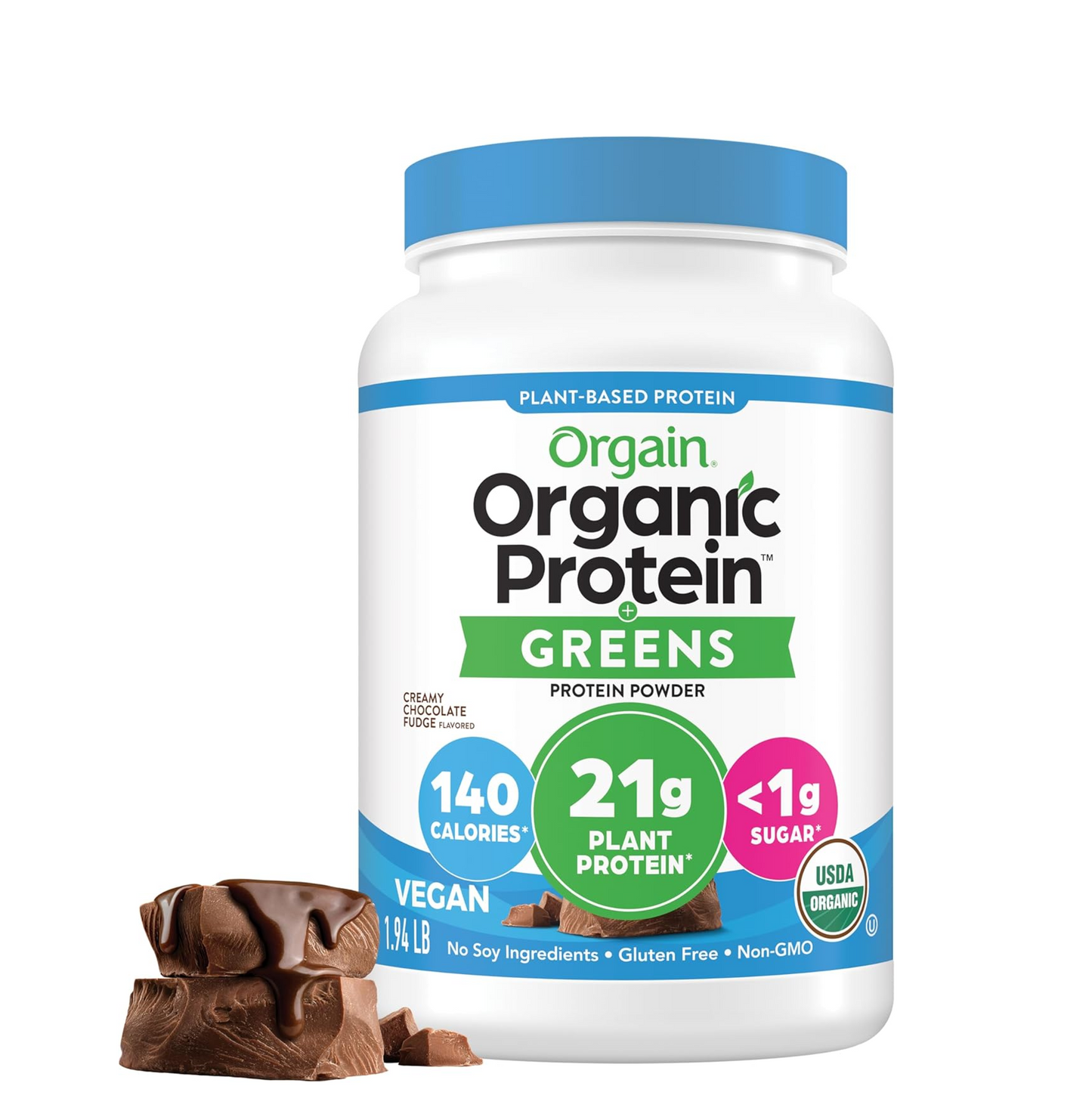 Orgain Organic Vegan Protein Powder + Greens, Creamy Chocolate Fudge - 21g Plant Based Protein, Gluten Free, Dairy & Lactose Free, Soy Free, No Sugar Added, Iron & Prebiotics for Gut Health - 1.94lb