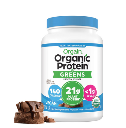 Orgain Organic Vegan Protein Powder + Greens, Creamy Chocolate Fudge - 21g Plant Based Protein, Gluten Free, Dairy & Lactose Free, Soy Free, No Sugar Added, Iron & Prebiotics for Gut Health - 1.94lb