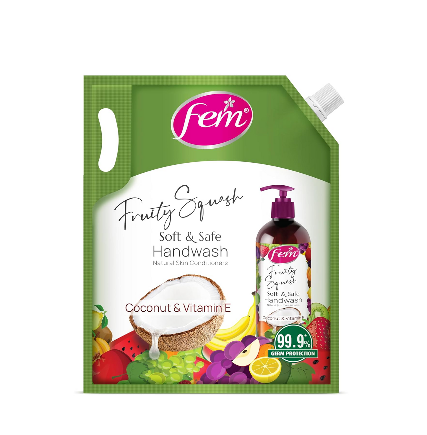 DABUR Fem Fruity Squash Soft & Safe Handwash - 1500Ml | Germ Protection | Enriched With Goodness Of Coconut Milk & Vitamin E | Long Lasting Fragrance