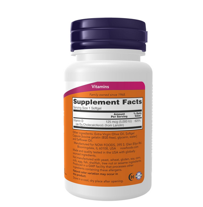 NOW Foods Supplements, Vitamin D-3 5,000 IU, High Potency, Structural Support*, 240 Softgels