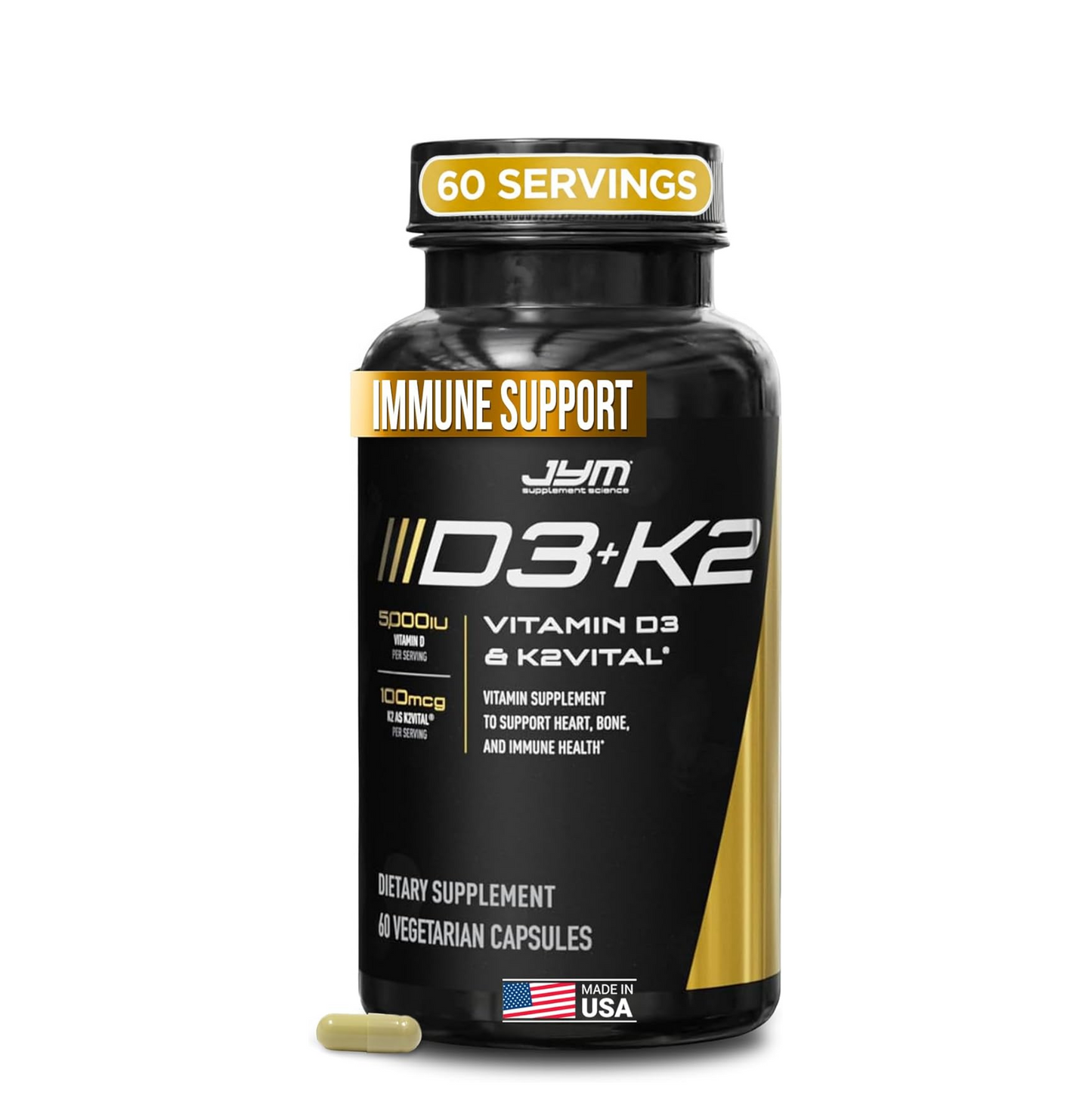 JYM D3 + K2 with 5000iu D3 & 100mcg of Vitamin K2 as MK-7, Bone, Cardiovascular + Immune Health for Men & Women, Softgel