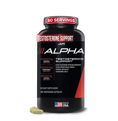 Alpha JYM Testosterone Support | Male Vitality, Health Optimization, Ashwagandha, Fenugreek, Eurycoma, Damiana, Quercetin, DIM | JYM Supplemental Science | 180 Vegetarian Capsules