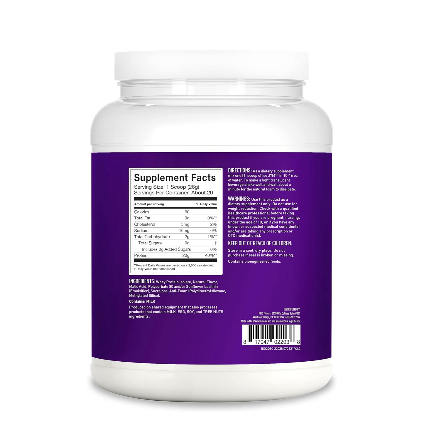 JYM Supplement Science Iso JYM Grape, 90 Calories, 100% Whey Protein Isolate, Zero Fat, Zero Sugars, Mixes Clear, for Women & Men, 20 Servings