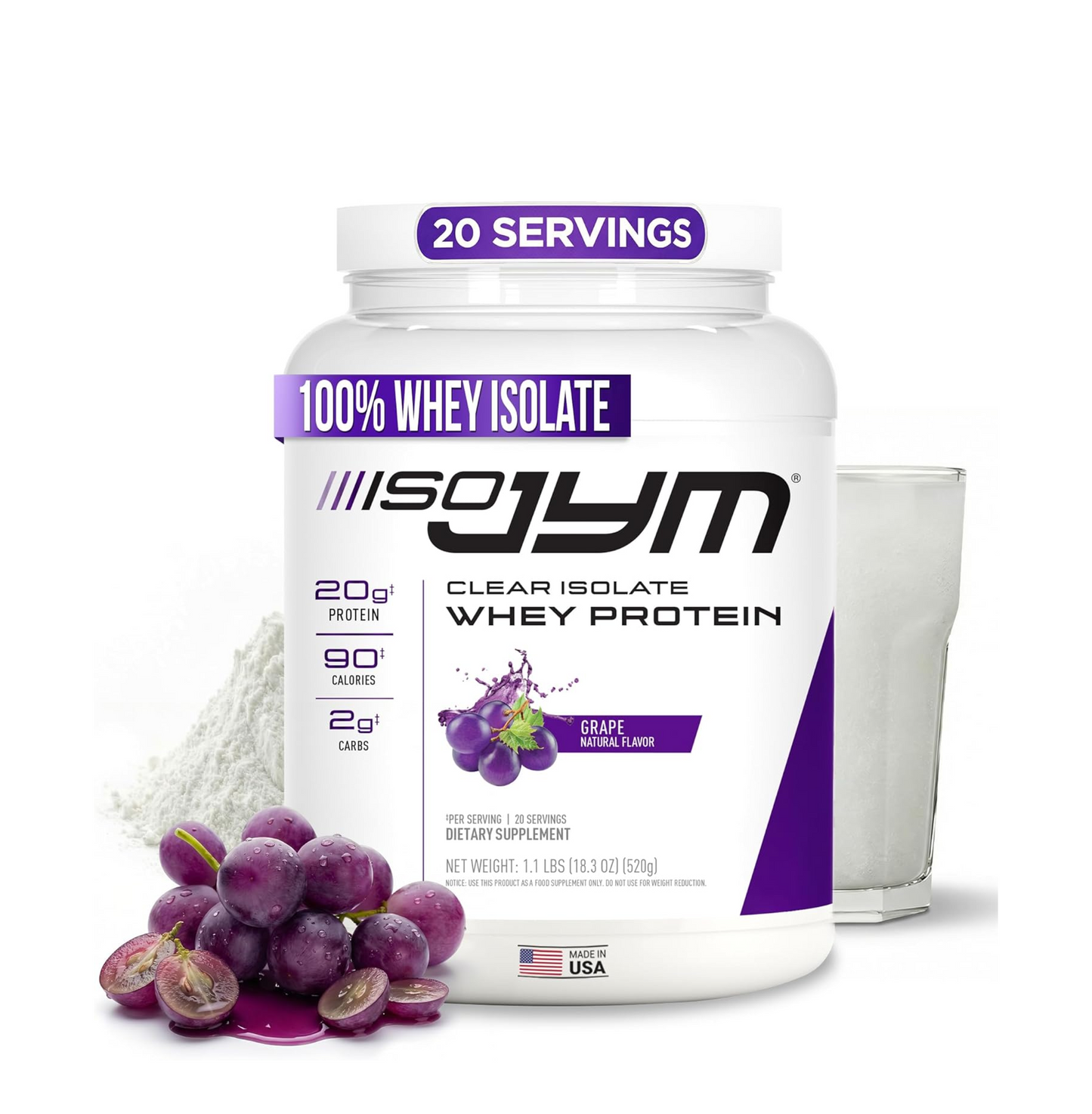 JYM Supplement Science Iso JYM Grape, 90 Calories, 100% Whey Protein Isolate, Zero Fat, Zero Sugars, Mixes Clear, for Women & Men, 20 Servings