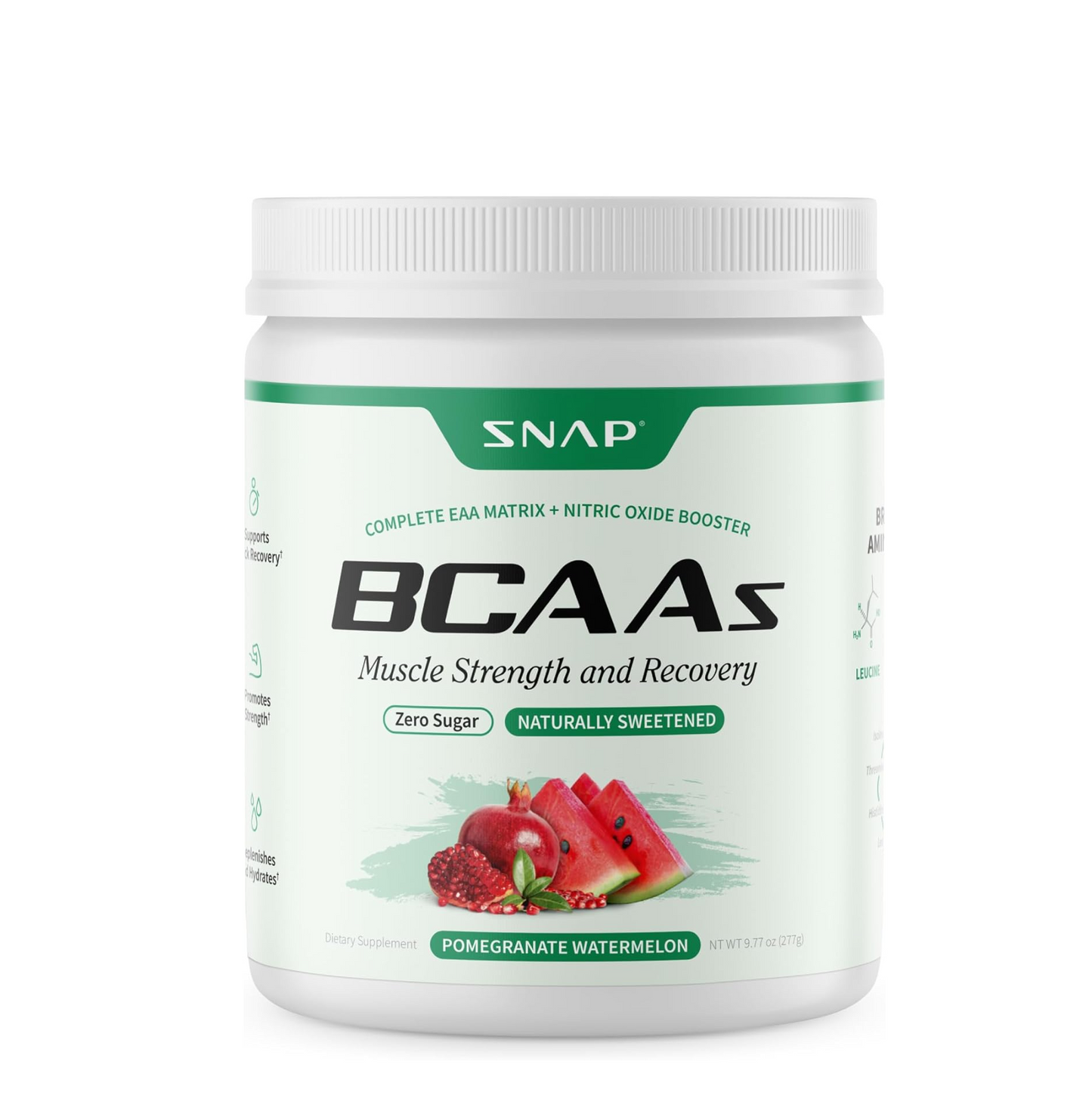 Snap Supplements BCAA Powder - 5g Vegan Branched Chain Amino Acids (2:1:1 Leucine Isoleucine Valine) + Essential Amino Acids with Nitric Oxide Booster, 30 Servings, Pomegranate Watermelon