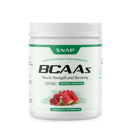Snap Supplements BCAA Powder - 5g Vegan Branched Chain Amino Acids (2:1:1 Leucine Isoleucine Valine) + Essential Amino Acids with Nitric Oxide Booster, 30 Servings, Pomegranate Watermelon