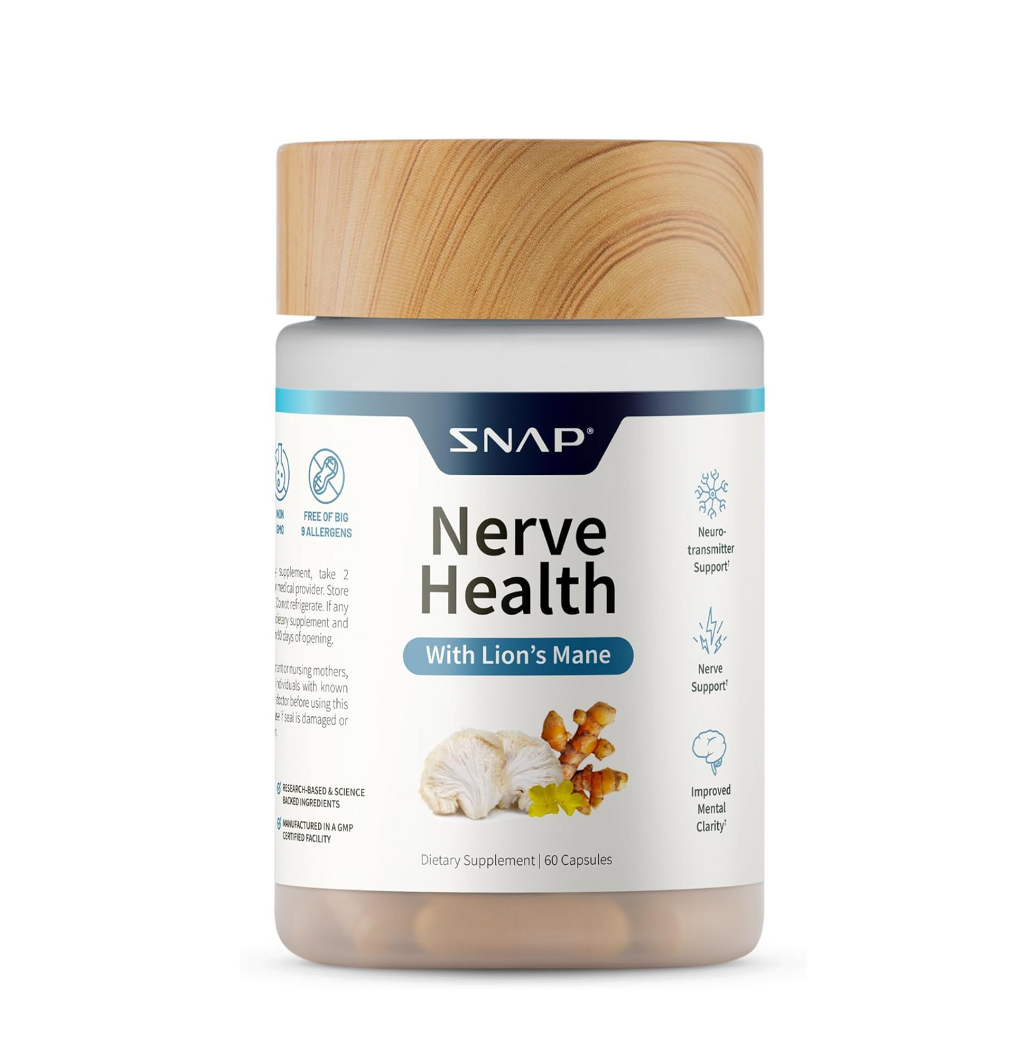 Snap Supplements Nerve Health Support with Lion's Mane, Organic Turmeric & Herbs – Neuropathy Supplement for Mental Clarity, Focus & Healthy Nerve Function* – 60 Capsules