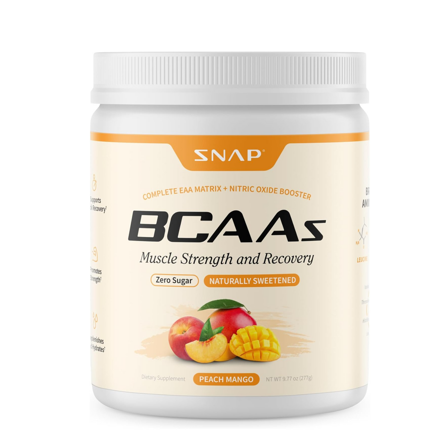 Snap Supplements BCAA Powder - 5g Vegan Branched Chain Amino Acids (2:1:1 Leucine Isoleucine Valine) + Essential Amino Acids with Nitric Oxide Booster, 30 Servings, Peach Mango