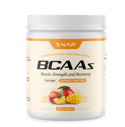 Snap Supplements BCAA Powder - 5g Vegan Branched Chain Amino Acids (2:1:1 Leucine Isoleucine Valine) + Essential Amino Acids with Nitric Oxide Booster, 30 Servings, Peach Mango