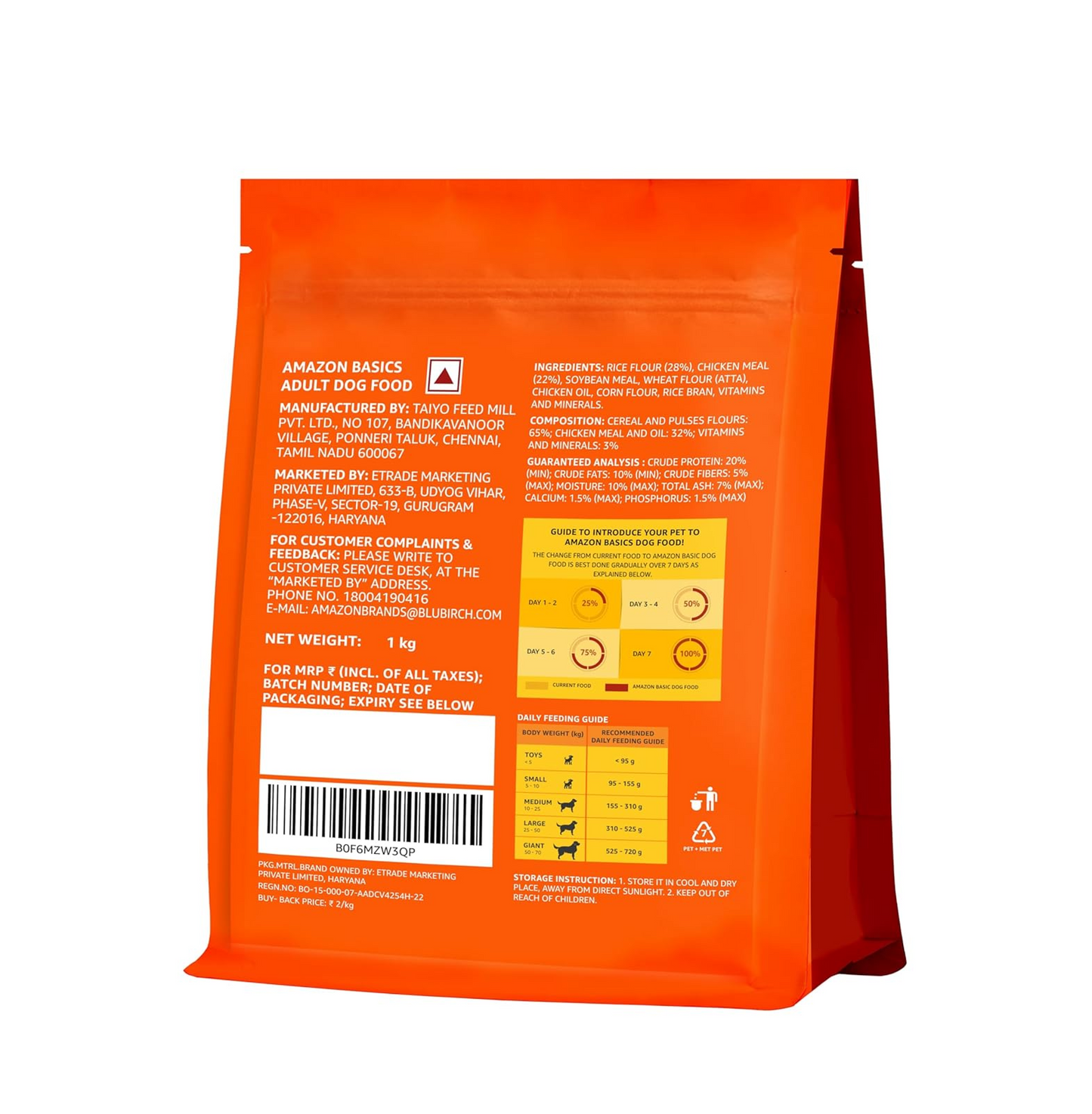 Amazon Basics Dry Dog Food | 1 Kg Trial Pack| Chicken & Rice | with Real Chicken Meat | Kibble for Adult Dogs | Packed with Protein | Suitable for All Breeds