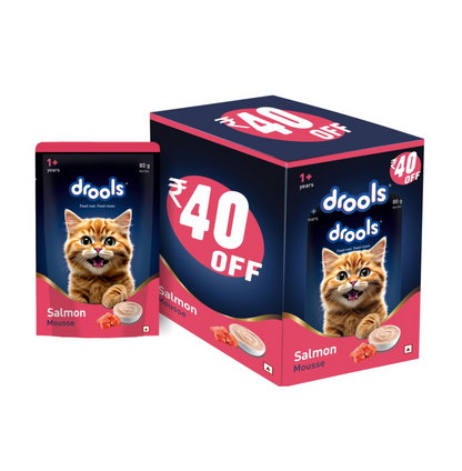Drools Adult Cat Wet Mousse 80g Pack of 5, 400g | Salmon Flavour | Rich in Protein | Promotes Hydration & Easy to Digest | No Artificial Flavours | Packed with Essential Vitamins & Antioxidants