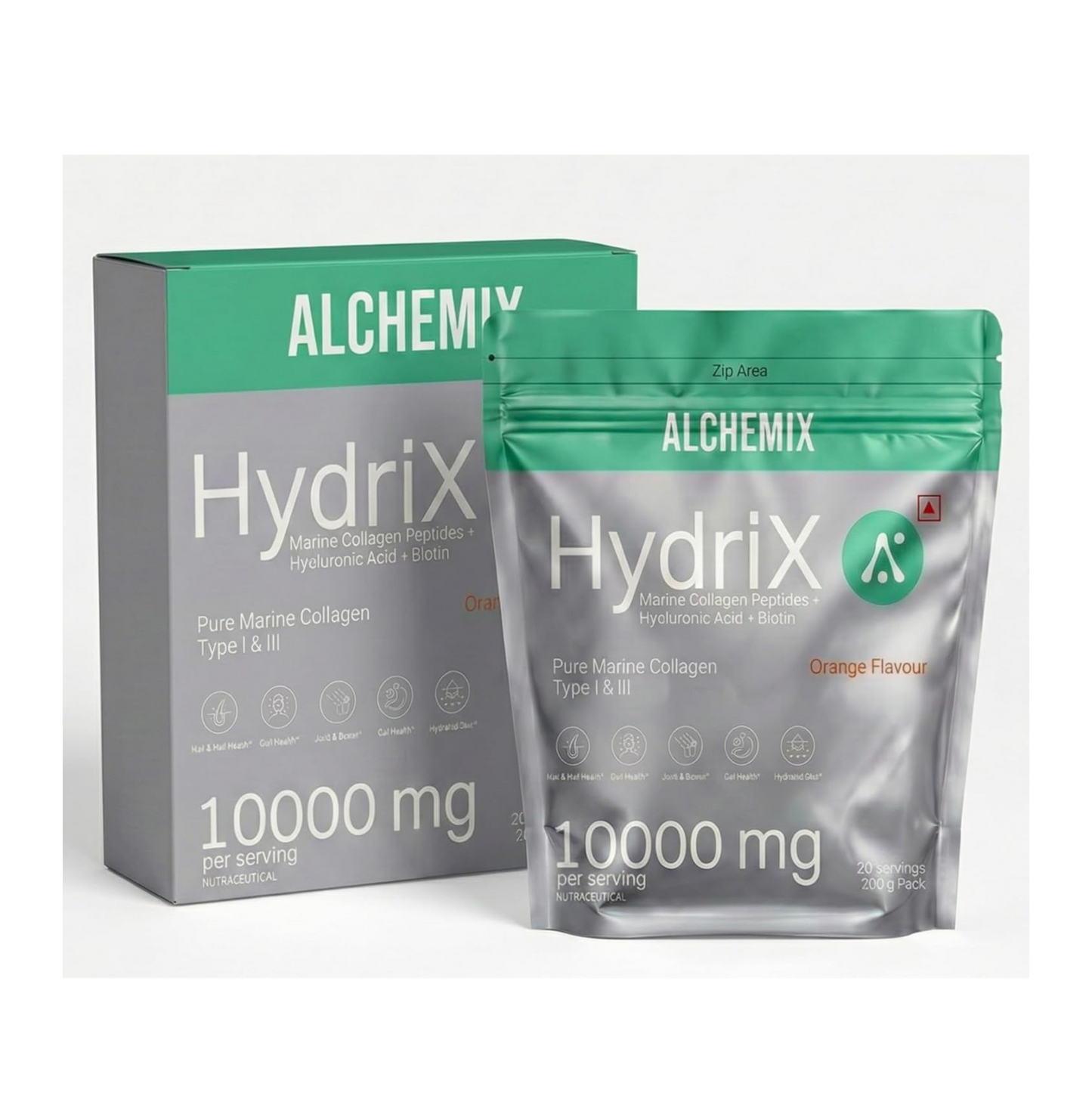 8000mg Korean Marine Collagen Peptides with Hyaluronic Acid, Vitamin C, Biotin & Zinc for Women & Men | 200g Hydrolyzed Collagen Powder | Supports Skin Radiance, Glow, Hair, Nails, Bone & Joint | Orange | 20 Servings | Alchemix Hydrix