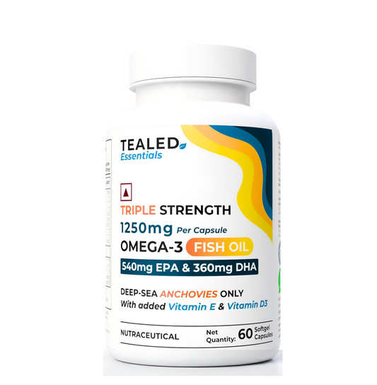 Tealed Omega 3 Fish Oil 1250mg | Triple Strength | 540mg EPA + 360mg DHA | Eurofins Lab Tested | With Vitamin D3 & E | Heart Brain Joint Support | No Fishy Burps | 60 Lemon Softgels for Men & Women